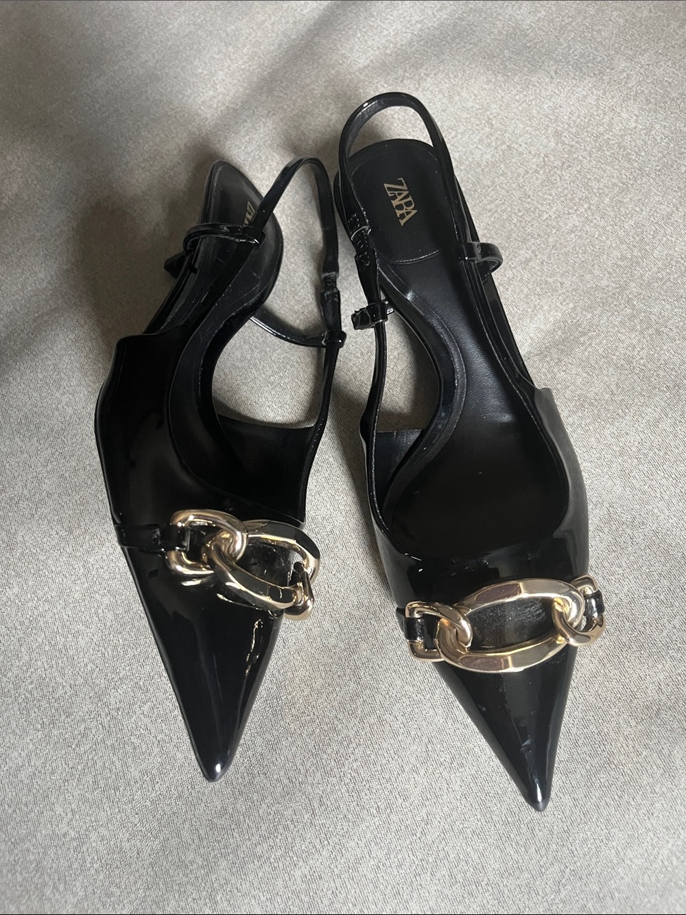 Zara Black Patent Pointed Slingback Flats with Gold Chain Accent